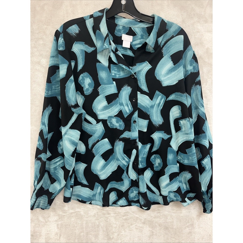 Chico's Top 3 16/18 Abstract Black & Blue Art To Wear Artsy Button Up Balloon Sl